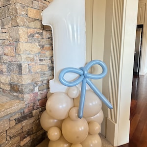 Dusty Blue Bow Balloon Tower Kit | Blue Bow Birthday Balloons | Blue Gingham Sweet One Blue and Beige Coquette Bows | Demure Birthday Party