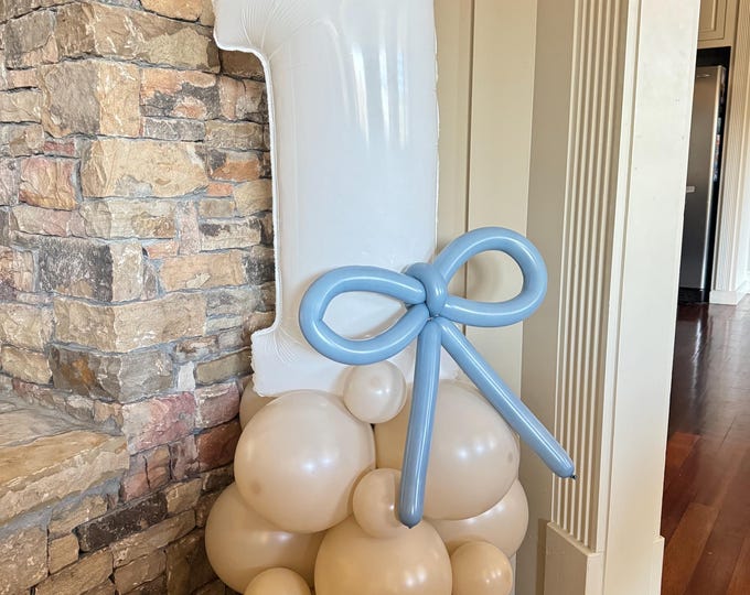 Dusty Blue Bow Balloon Tower Kit | Blue Bow Birthday Balloons | Blue Gingham Sweet One Blue and Beige Coquette Bows | Demure Birthday Party