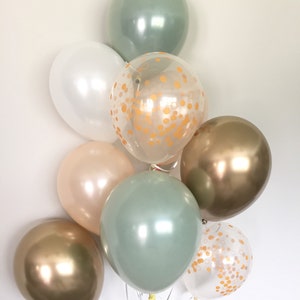 Green , Gold and White Balloons Light Green Wedding Decor Green and Gold Balloons Chrome Gold Balloons Sage Green Bridal Shower Decor image 1