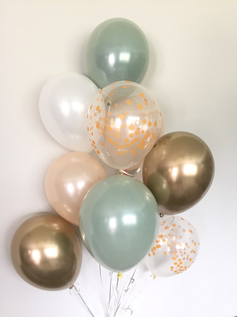 Green , Gold and White Balloons Light Green Wedding Decor Green and Gold Balloons Chrome Gold Balloons Sage Green Bridal Shower Decor image 1