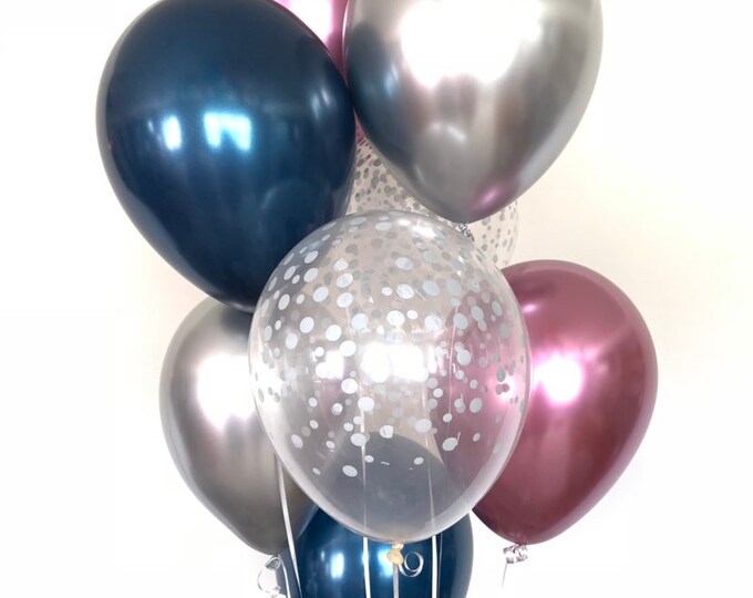 Navy and Mauve Balloons | Chrome Mauve and Silver Balloon Bouquet | Mauve Chrome Balloons | Sapphire and Mauve Bridal Shower Decor