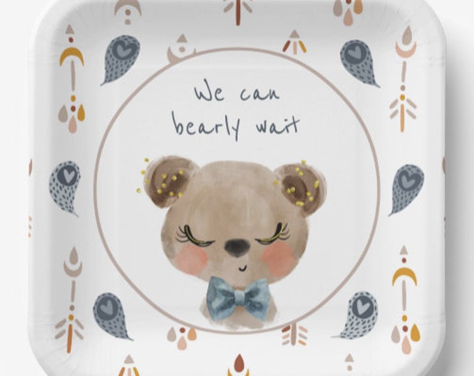 We Can Bearly Wait Plates Lunch | Boy Teddy Bear Baby Shower | Dusty Blue Teddy Bear Baby Shower | Bearly Wait Gender Reveal