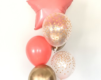 Coral & Gold Star Balloon Bouquet | Baby Shower Decor (7-Count)