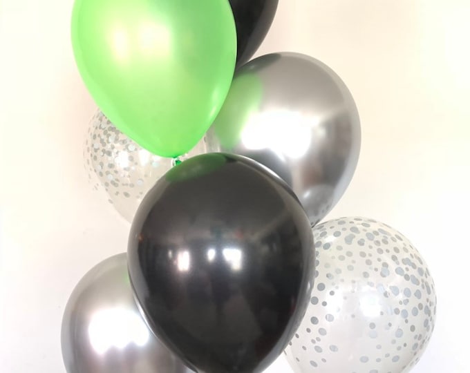 Neon Green Balloons | Green ans Silver Balloon Bouquet | Chrome Silver Balloons | Silver and Green Birthday Decor | 90’s Theme Party Décor