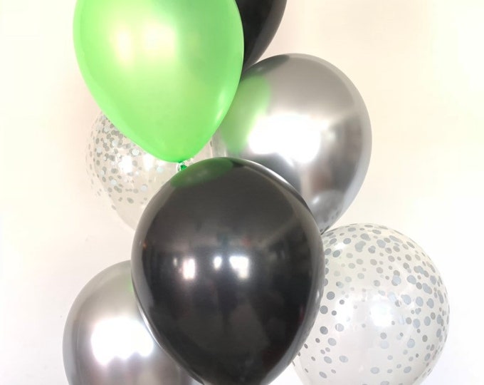 Neon Green Balloons | Green ans Silver Balloon Bouquet | Chrome Silver Balloons | Silver and Green Birthday Decor | 90’s Theme Party Décor