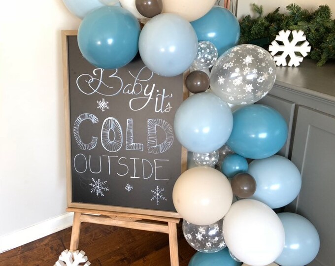 Blue Snowflake Balloon Garland | Baby it’s Cold Outside Bridal Shower Decor | Blue and Brown Hot Cocoa Bar Decor