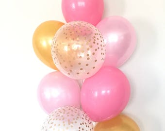 Pink & Gold Balloon Bouquet | Confetti Balloons, Bridal Shower Decor