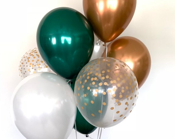 Green and Copper Balloons | New Chrome Copper Balloons | Forest Green Balloons | Succulent Baby Shower Decor | Modern Birthday Balloons