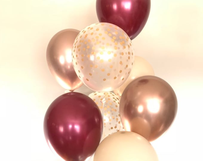 Burgundy and Chrome Rose Gold Balloons | Fall Harvest Balloons | Glam Bridal Shower Decor | Glam Baby Shower | Winter Birthday Balloons