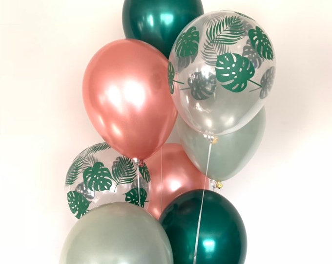 Tropical Green Balloons | Rose Gold and Green Wedding Decor | Green Leaf Balloons | Lets Flamingle Balloons | Tropical Bridal Shower Decor