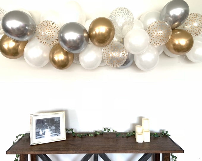 White, Silver and Gold Balloon Garland DIY Kit | Silver and Gold Bridal Shower Decor | Gold Baby Shower | Wedding Balloon Garland Photo Prop