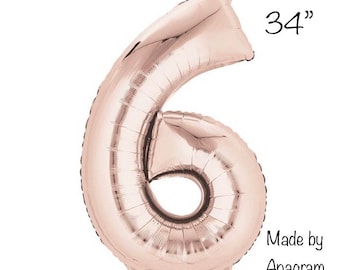 Rose Gold Number 6 Balloon | Sixth Birthday Party Decor | 34" Mylar Number Balloons | Large Foil Balloons | Rose Gold Sixth Birthday Balloon