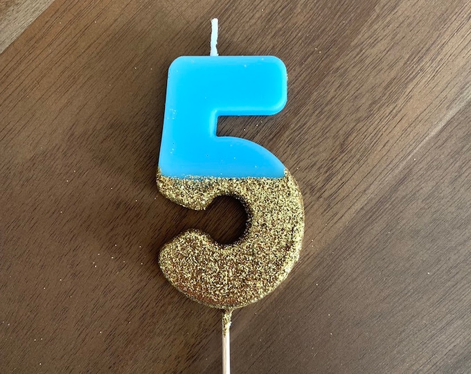 Blue Birthday Candle | Blue Number 5 Candle | Blue Cake Candles | Blue and Gold Glitter Candle | Blue Boy Birthday Party Decor