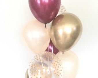 Blush & Burgundy Balloon Bouquet | Gold Confetti Balloons