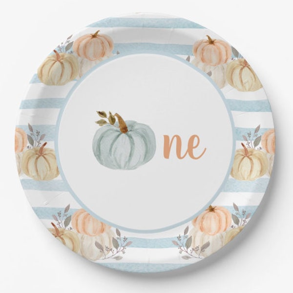 Dusty Blue Little Pumpkin Plates Luncheon | Our Little Pumpkin is One | Blue Little Pumpkin First Birthday | Fall First Birthday Plates