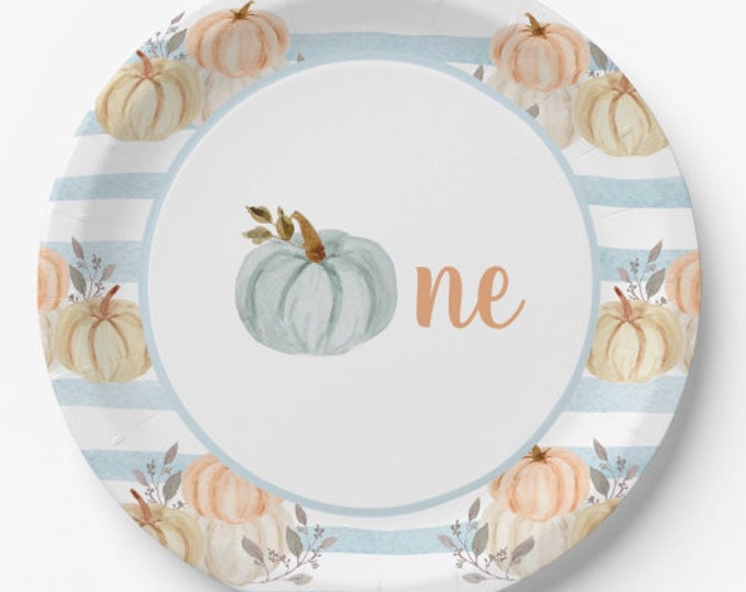 Dusty Blue Little Pumpkin Plates Luncheon | Our Little Pumpkin is One | Blue Little Pumpkin First Birthday | Fall First Birthday Plates