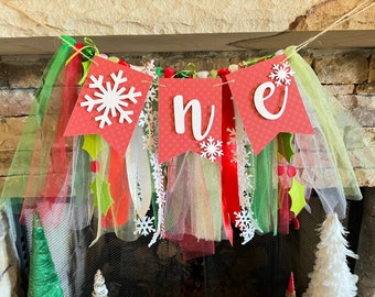 Snowflake One High Chair Banner | Red Snowflake Ribbon Banner | One High Chair Banner | Oh What Fun It Is To Be One First Birthday Photo