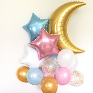 Petits ballons étoiles scintillants | Décoration pour baby shower petite étoile scintillante | Ballons lune et étoiles | Ballons révélateurs de genre | Fête révélatrice du genre