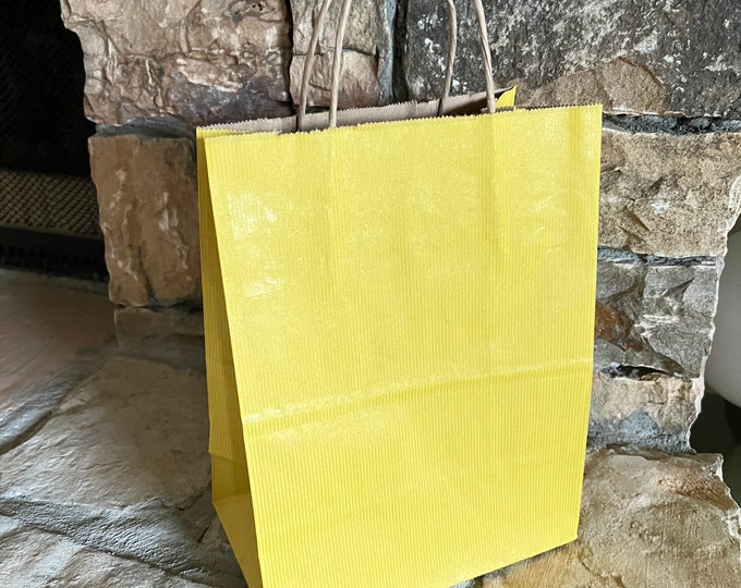 Mustard Gift Bags Medium | 8” x 4.75” x 10” Sized Yellow Bags | Yellow Kraft Shadow Stripe Shopping Bags | Boho Bridal Shower Favor Bags