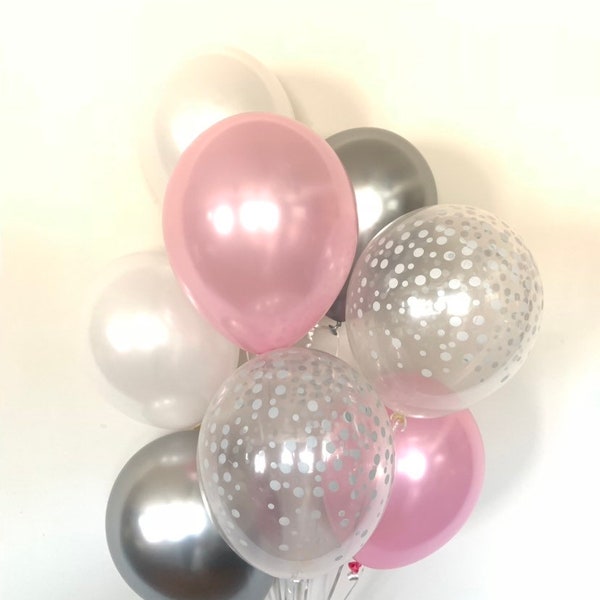 Pink and Silver Balloons | Pink and Chrome Silver Balloons | Pink Balloons | Silver Bridal Shower Decor | Pink and White Bridal Shower