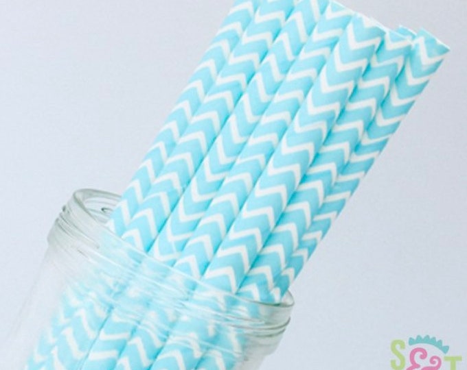 Light Blue Chevron Straws | Light Blue Party Decor | Something Blue Bridal Shower Decor | Light Blue Baby Shower | Light Blue Paper Straws