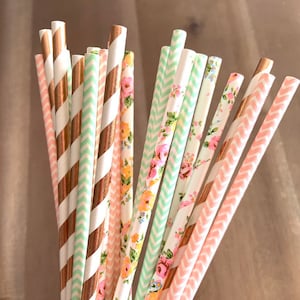 Floral Straws | Rose Gold and Mint Party Straws | Rose Gold Party Decor | Rose Gold and Mint Bridal Shower Decor | Let&#39;s Partea Straws