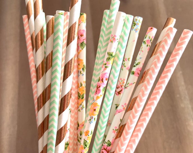 Floral Straws | Rose Gold and Mint Party Straws | Rose Gold Party Decor | Rose Gold and Mint Bridal Shower Decor | Let's Partea Straws