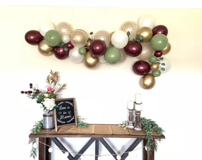 Burgundy and Eucalyptus Balloon Garland | Burgundy Bridal Shower Decor | Fall Baby Shower Decor | Fall Bridal Shower