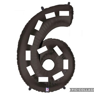 Race Car Black Number 6 Balloon | Race Car Sixth Birthday Balloons | 40&quot; Mylar Number 6 Balloon with Stickers | Start Your Engines Vroom