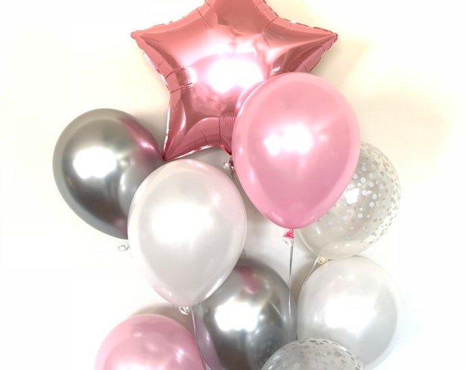 Twinkle Little Star Balloons | Twinkle Little Star Baby Shower Decor | Pink Star Balloons | Star Birthday Balloons | Pi k and Silver Ba