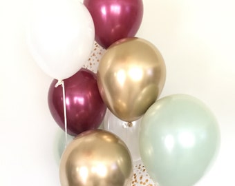 Sage Green and Burgundy Balloon Bouquet | Winter Wedding Decor