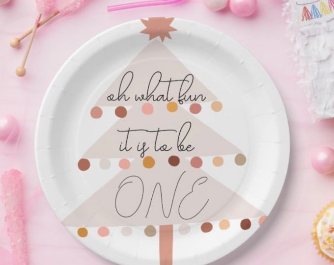 Oh What Fun It Is To Be ONE Boho Christmas First Birthday Plates Luncheon | Blush Winter First Birthday Plates  | Winter ONEderland Birthday