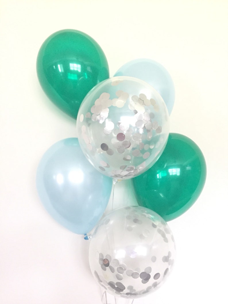 Silver Confetti Balloons Baby Shower Decor Birthday Balloons Boy Oh Boy Balloons Green and Blue Balloons Blue and Green Balloons