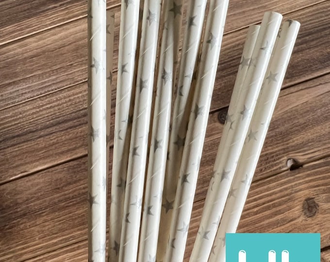 Silver Star Straws | Twinkle Little Star Straws | Galaxy Birthday Party Decor | Gender Reveal Baby Shower Decor | Silver Star Straws