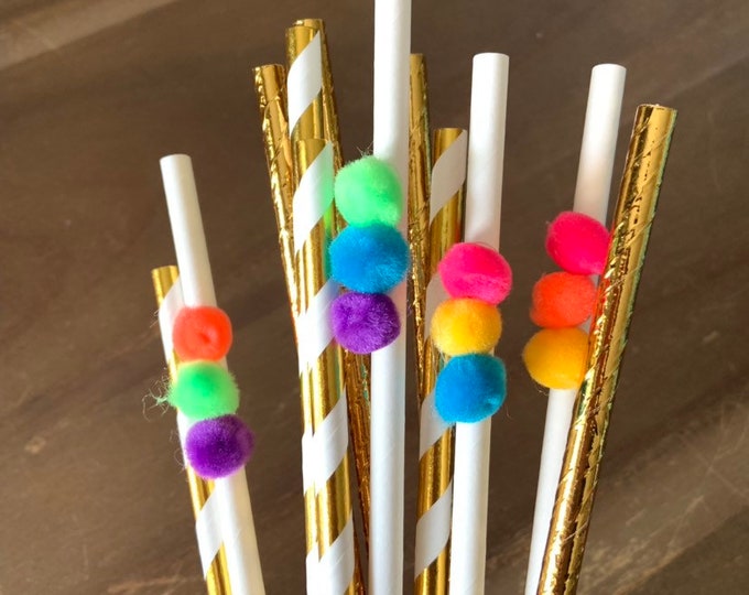 Pom Pom Straws | Rainbow Party Decor | Fiesta Bridal Shower Decor | Rainbow Baby Shower Decor | Rainbow and Gold Paper Straws