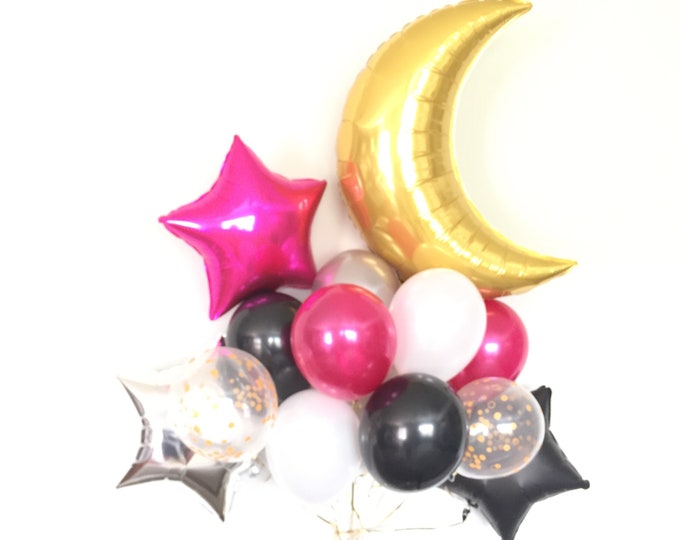 Kate Spade Balloons | Kate Spade Bachelorette Party Decor | Moon and Star Balloons | Last Fling Before The Ring | Hot Pink and Black Balloo