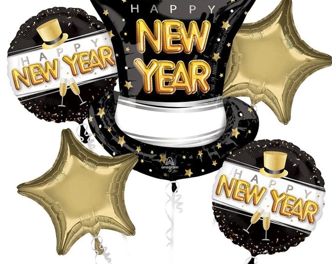 Happy New Year Balloons | New Year's Eve Party Decor | New Year's Eve Balloons | Happy 2023 | Holiday Party Decor | Black and Gold Balloons