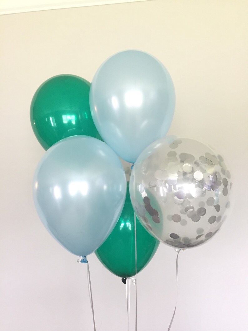 Silver Confetti Balloons Baby Shower Decor Birthday Balloons Boy Oh Boy Balloons Green and Blue Balloons Blue and Green Balloons