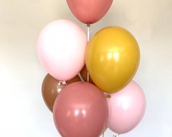 Boho Rainbow Balloons | Rosewood and Matte Pink Balloons | Boho Birthday Balloons | Mustard and Rosewood Balloons