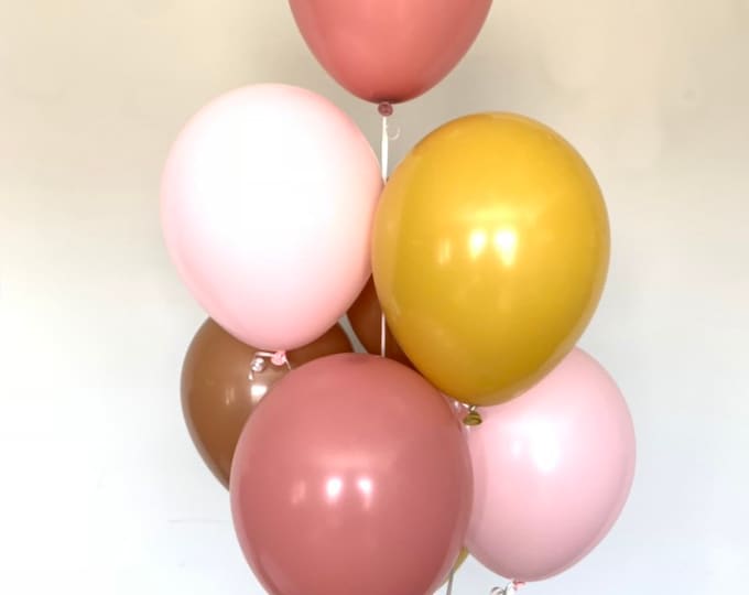 Boho Rainbow Balloons | Rosewood and Matte Pink Balloons | Boho Birthday Balloons | Mustard and Rosewood Balloons