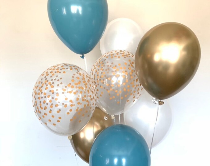 Steel Blue and White Balloons | Blue and Gold Balloons | Something Blue | Gold Bridal Shower Decor | Dusty Blue Baby Shower