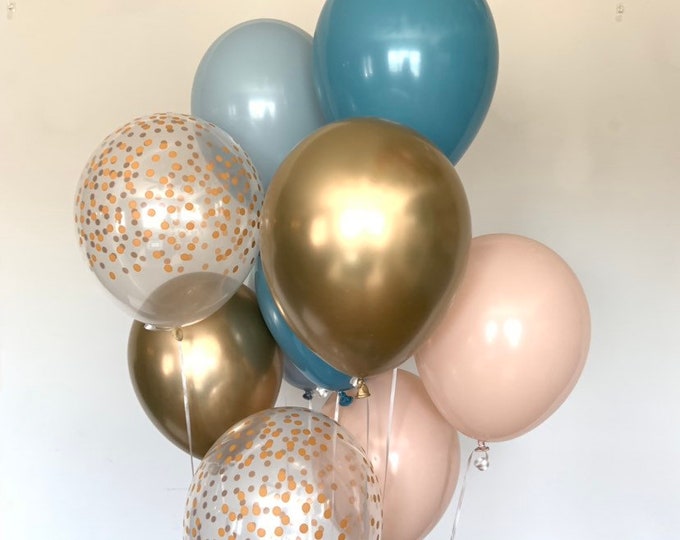 Dusty Blue and Peach Balloons | Blue and Gold Balloons | Something Blue | Gold Bridal Shower Decor | Pale Blue Baby Shower