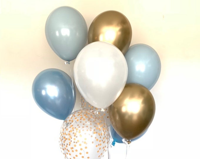 Slate Blue Balloons | Slate Blue Wedding Decor | Slate Blue and Fog Balloons | Chrome Gold Balloons | Slate Blue Bridal Shower Decor