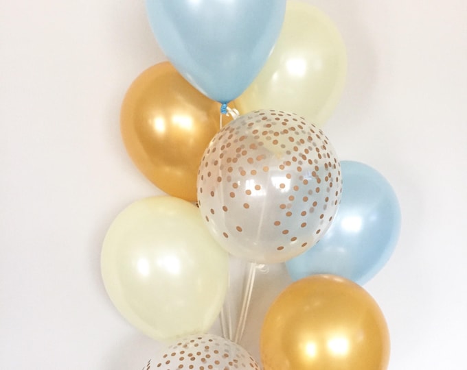 Blue and Gold Balloon Bouquet | Gold and Ivory Balloons | Blue, Ivory, and Gold Balloons | Blue Bridal Shower Decor | Winnie the Pooh Baby