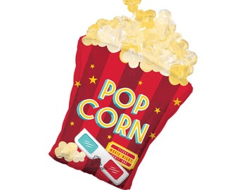Può includere: Pallone a forma di secchiello di popcorn a strisce rosse e bianche con le parole "POP CORN" in lettere gialle e blu. Il pallone ha degli occhiali 3D e un biglietto che dice "Ticket Movie Night Admit One".