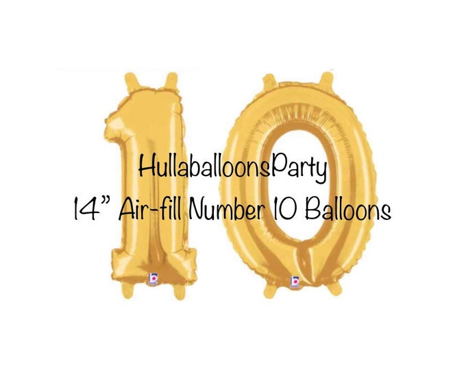 Gold Number Ten Balloons | Air-fill 10th Birthday Balloons | 10th Birthday Party Decor | Gold Birthday Party Photo | 14” Number Balloon