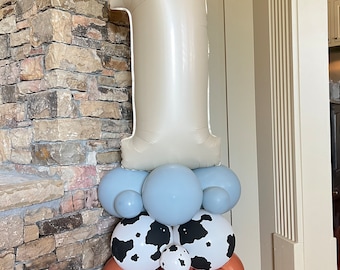 Cow Print Balloon Tower Kit | First Rodeo Barnyard Balloon Tower | Fog and Burnt Orange Balloon Display | Barnyard Birthday Balloons