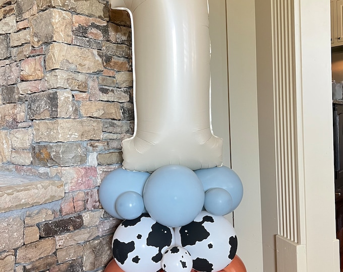 Cow Print Balloon Tower Kit | First Rodeo Barnyard Balloon Tower | Fog and Burnt Orange Balloon Display | Barnyard Birthday Balloons