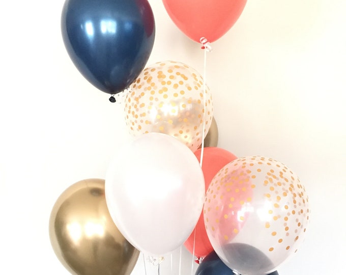 Navy Balloons | Navy and Gold Balloons | Coral and White Balloons | Coral Baby Shower Decor | Blue Birthday Balloons | Navy Bridal Shower