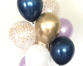 Navy Balloon Bouquet | Gold Confetti, Lilac, White, Midnight (10-Count)